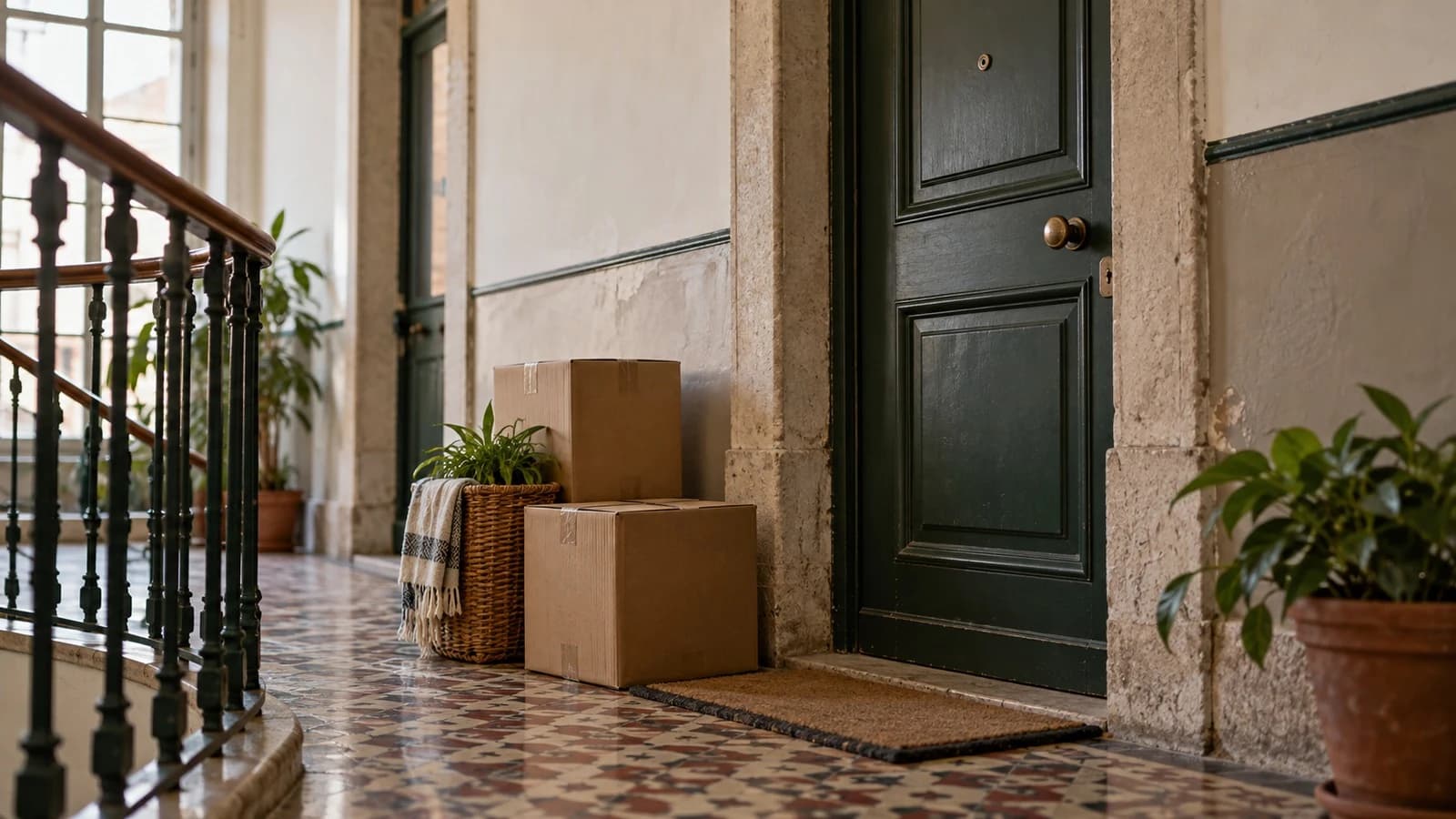Patamar de um prédio antigo com a porta do apartamento fechada e caixotes, depois de uma acção de despejo