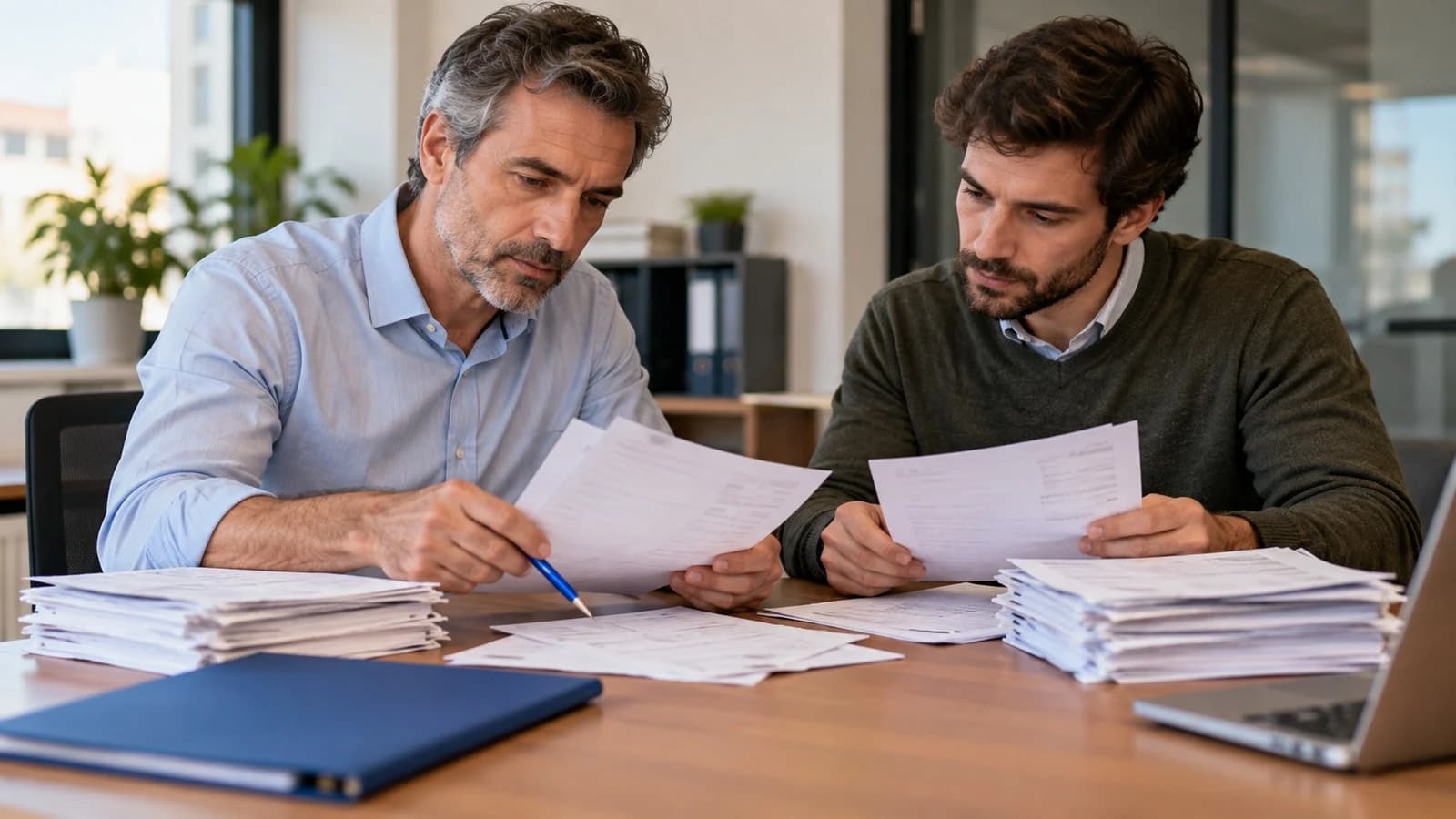 Dois empresários a comparar as suas pilhas de facturas sobre a mesa para fazer a compensação de créditos