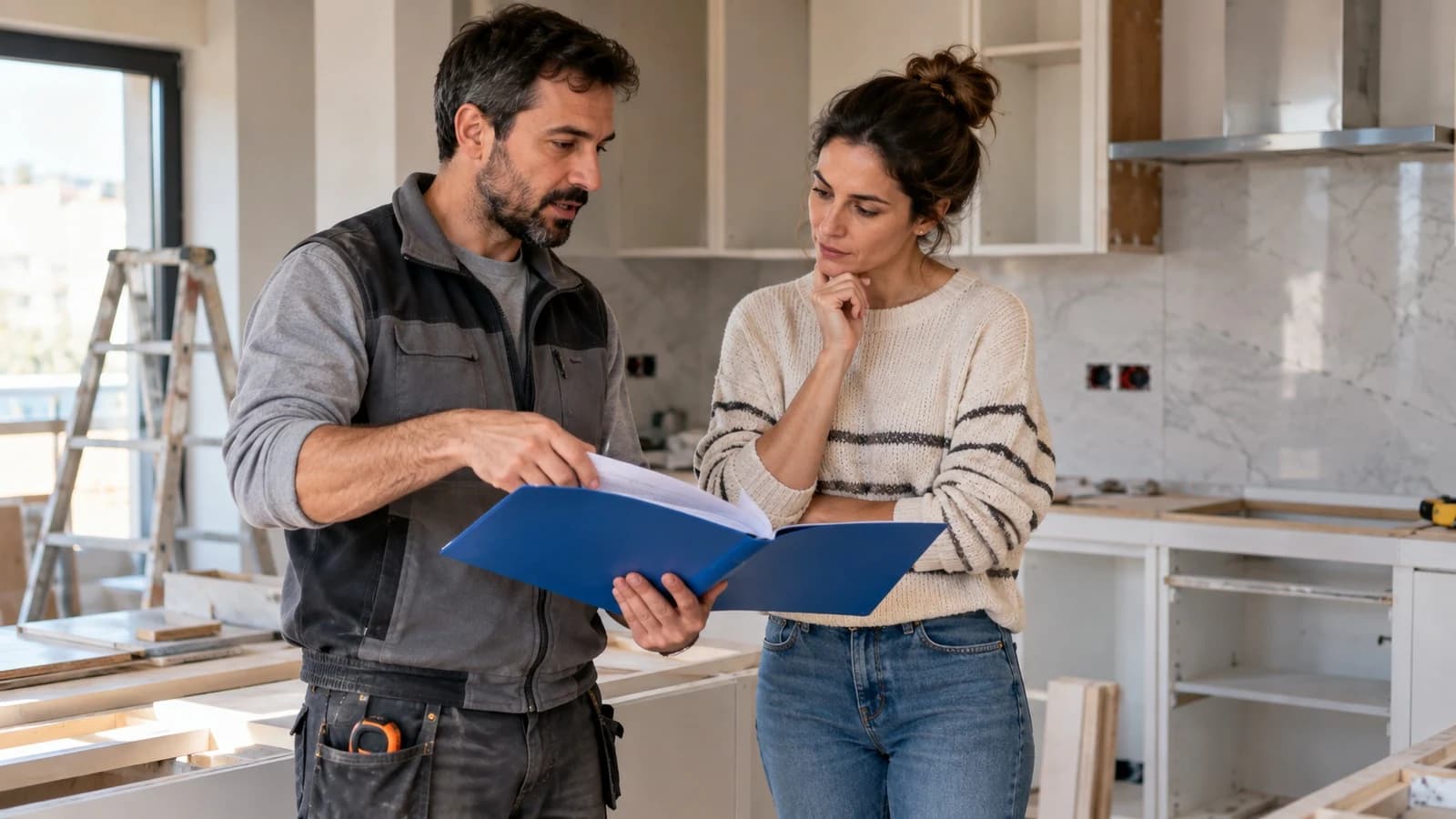 Empreiteiro a mostrar a pasta da obra à cliente numa cozinha em remodelação, num contrato de empreitada