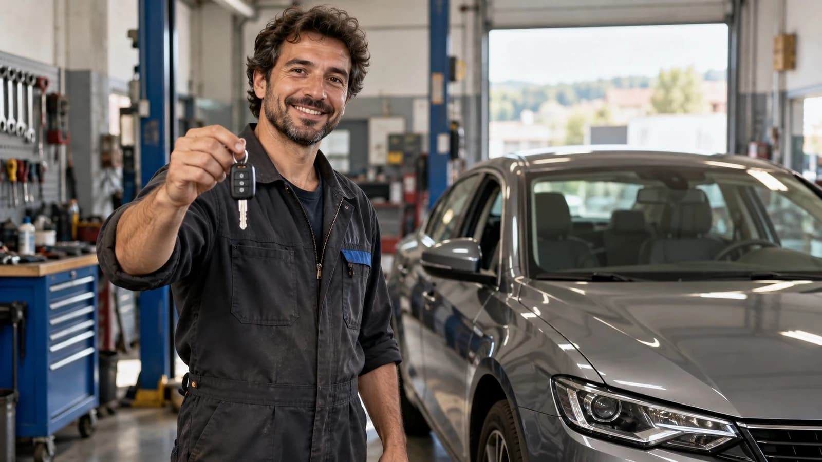 Mecânico na oficina com as chaves do carro reparado na mão, a exercer o direito de retenção
