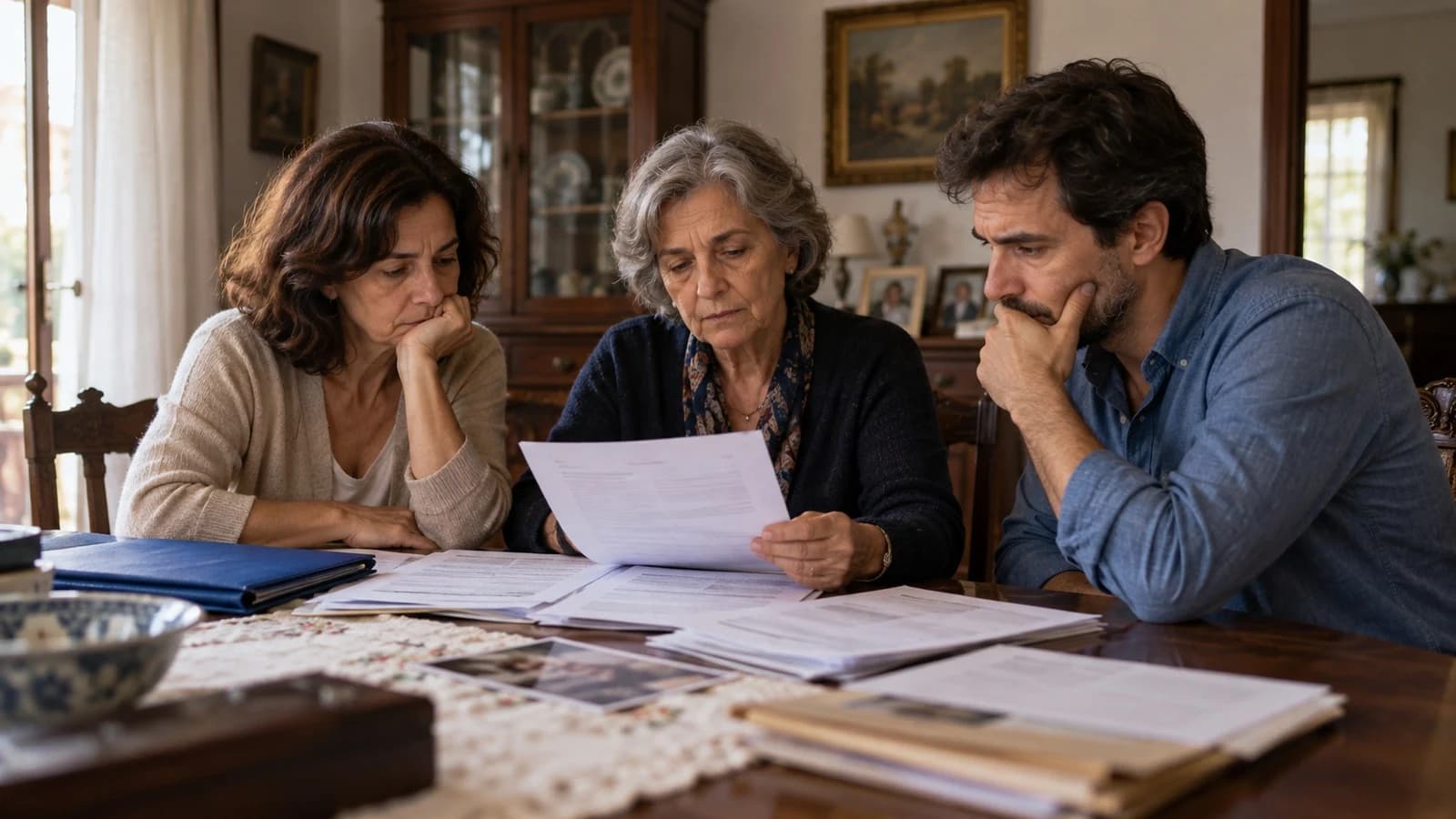 Família à mesa de uma sala antiga a rever os papéis da herança e as dívidas de pessoa falecida