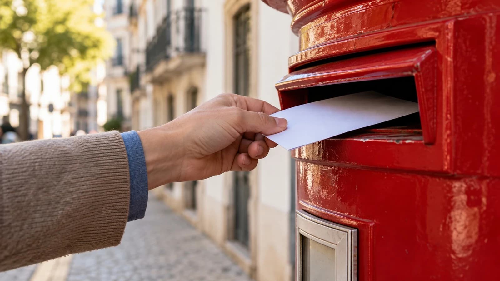 Mão a pôr uma carta no marco do correio vermelho de uma rua: o envio da interpelação admonitória