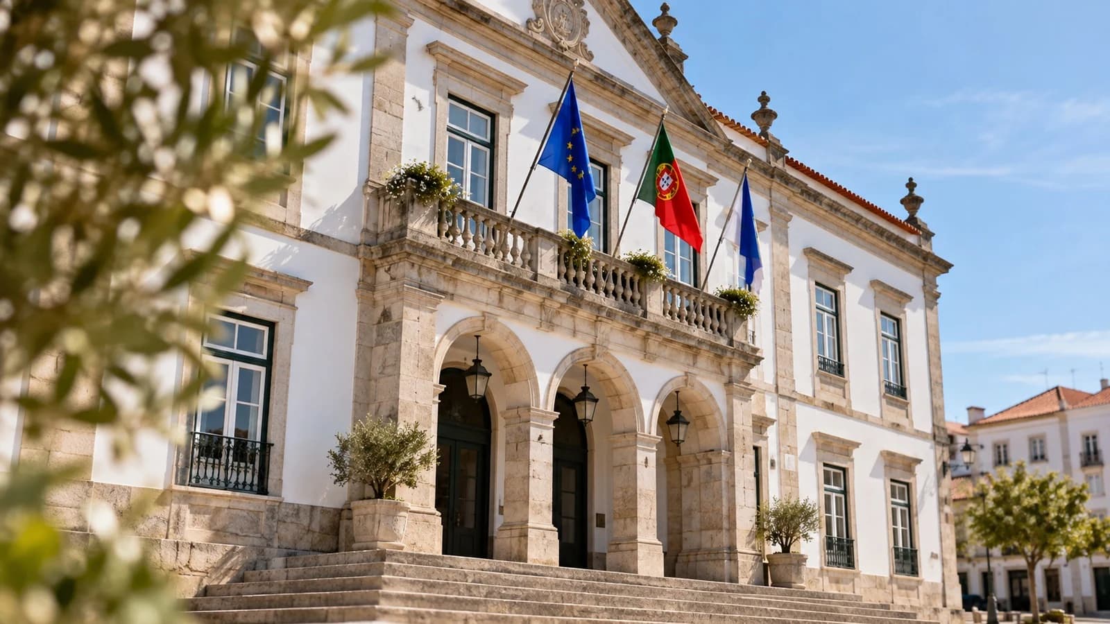 Fachada de uma câmara municipal com bandeiras, uma das entidades públicas com pagamentos em atraso