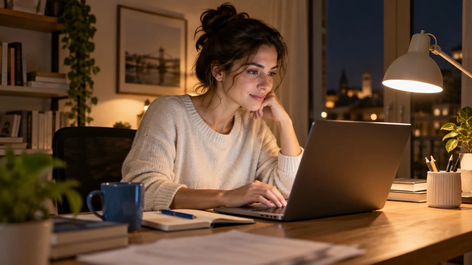 Mulher a consultar o portátil à noite num escritório em casa, a pesquisar bens do devedor pelo PEPEX