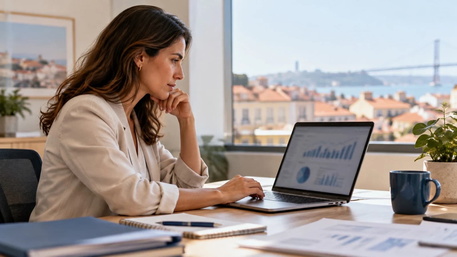 Gestora financeira diante de gráficos no portátil a analisar o prazo médio de recebimentos