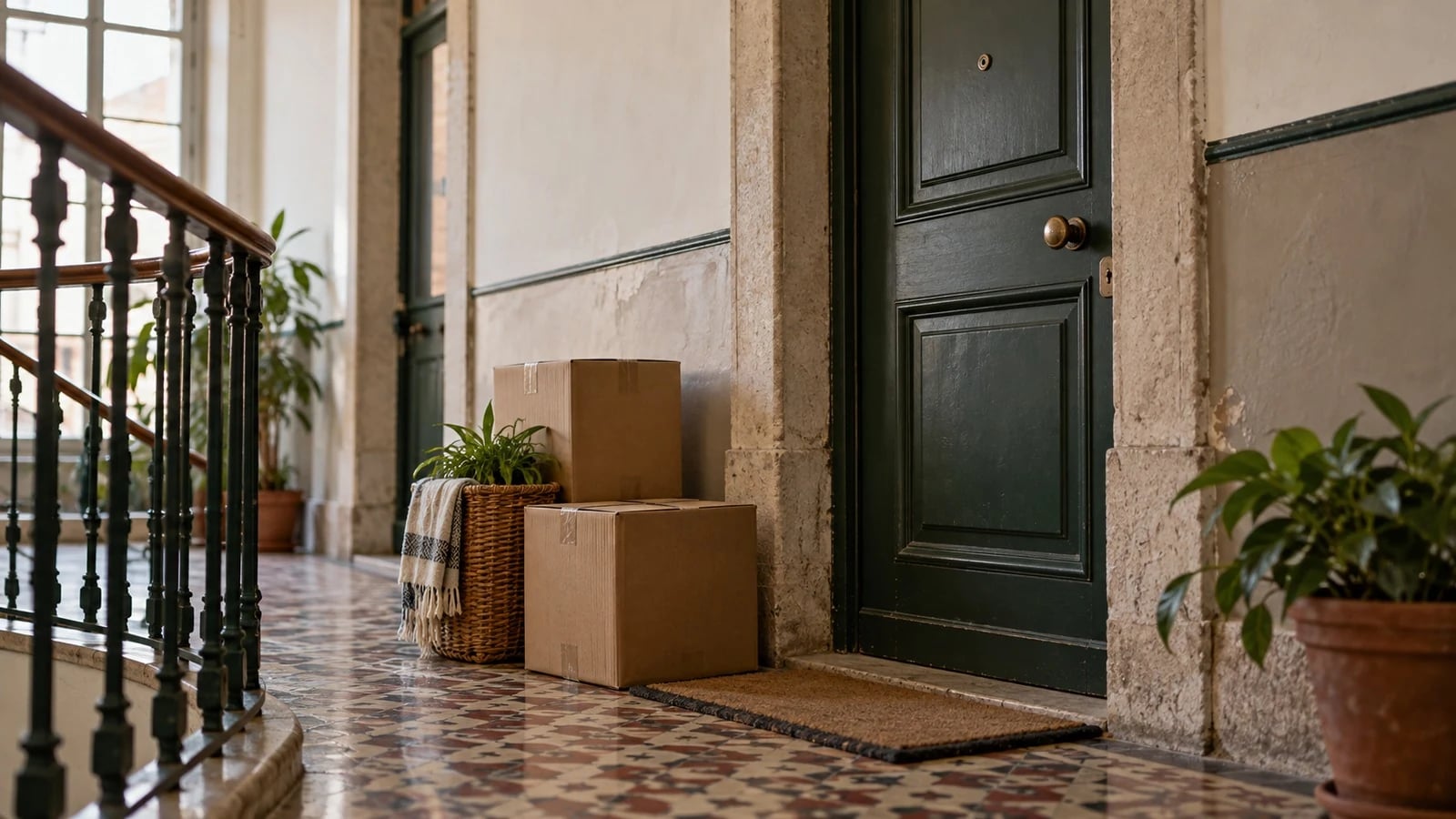 Patamar de um prédio antigo com a porta do apartamento fechada e caixotes, depois de uma acção de despejo
