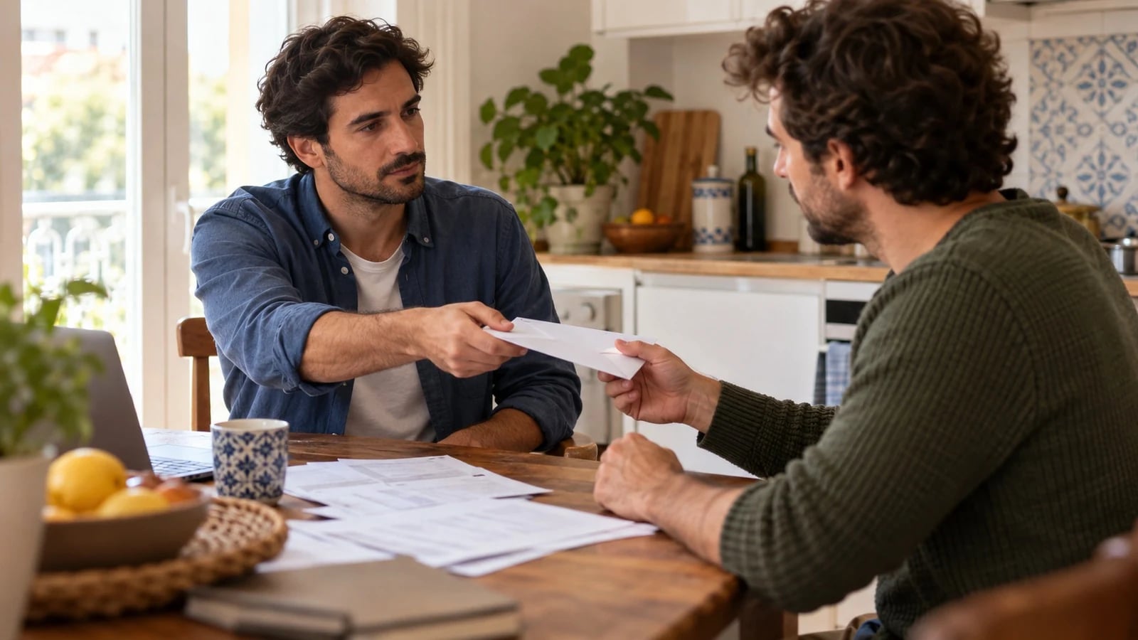 Dois amigos à mesa da cozinha a entregar um papel, um empréstimo entre particulares sujeito a juros civis