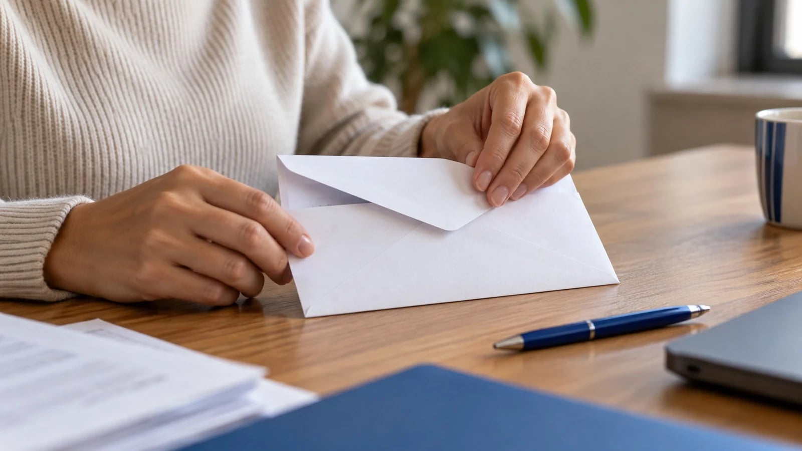 Mão a fechar um envelope branco numa secretária com caneta: a carta de interpelação para pagamento
