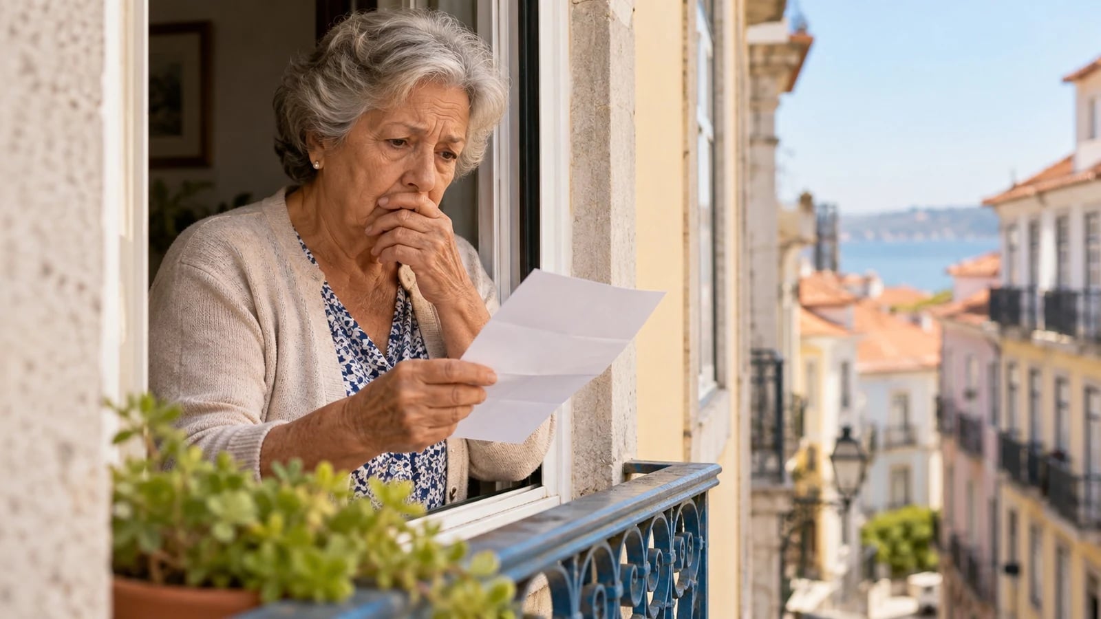 Senhoria idosa à janela de um prédio de Lisboa a ler uma carta sobre rendas em atraso