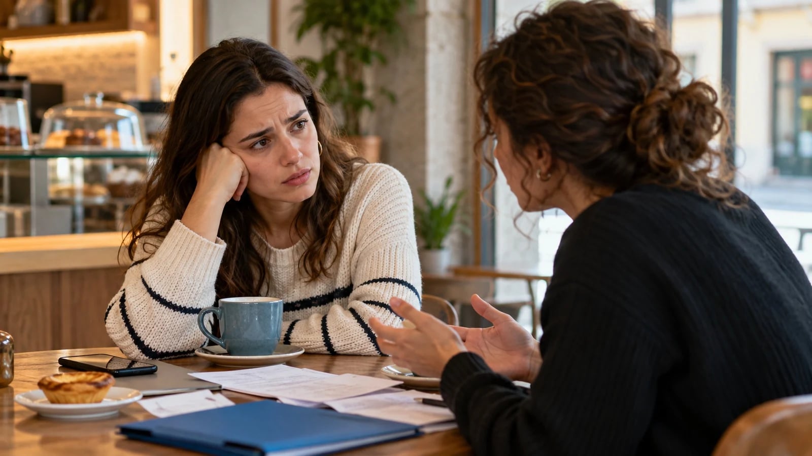Duas amigas num café, uma preocupada a ouvir a outra, perante a cobrança de dívidas entre particulares