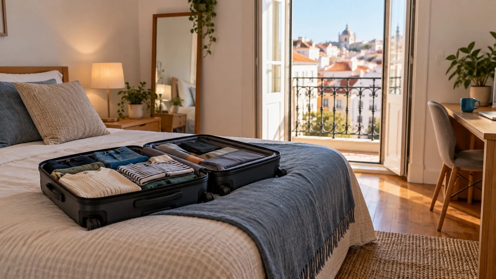 Quarto de um apartamento em Lisboa com uma mala aberta em cima da cama, num subarrendamento