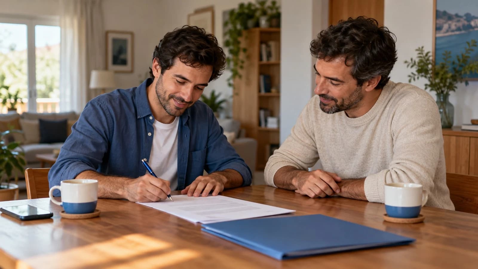Dois irmãos à mesa da sala, com chávenas de café, a assinar um contrato de mútuo entre particulares
