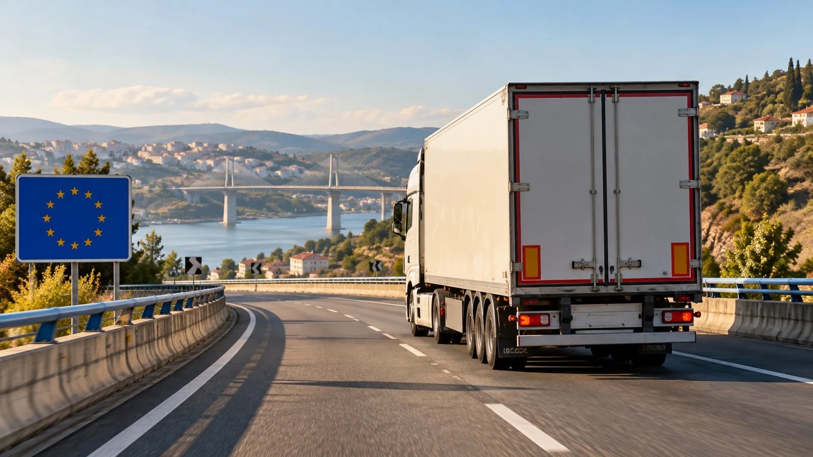 Camião de transporte numa estrada com placa da União Europeia, uma venda além-fronteiras e a injunção europeia