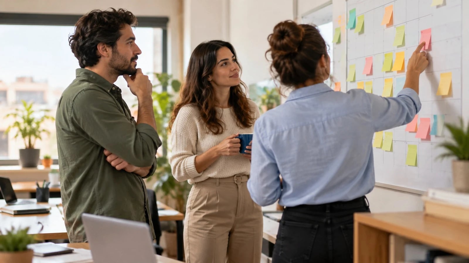 Equipa pequena diante de um quadro com post-its de cores a combinar o mapa de férias