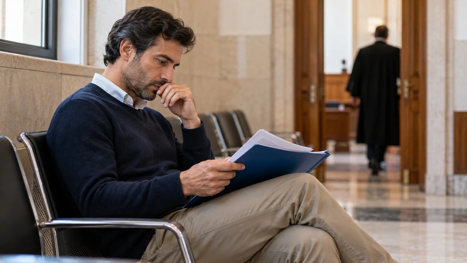 Credor sentado na sala de espera do tribunal com a pasta da reclamação de créditos no colo