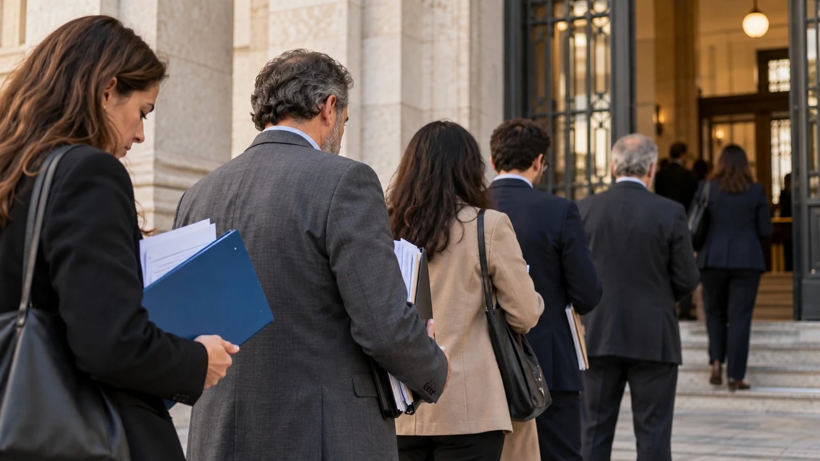 Credores com pastas em fila à entrada do tribunal de comércio para a reclamação de créditos na insolvência