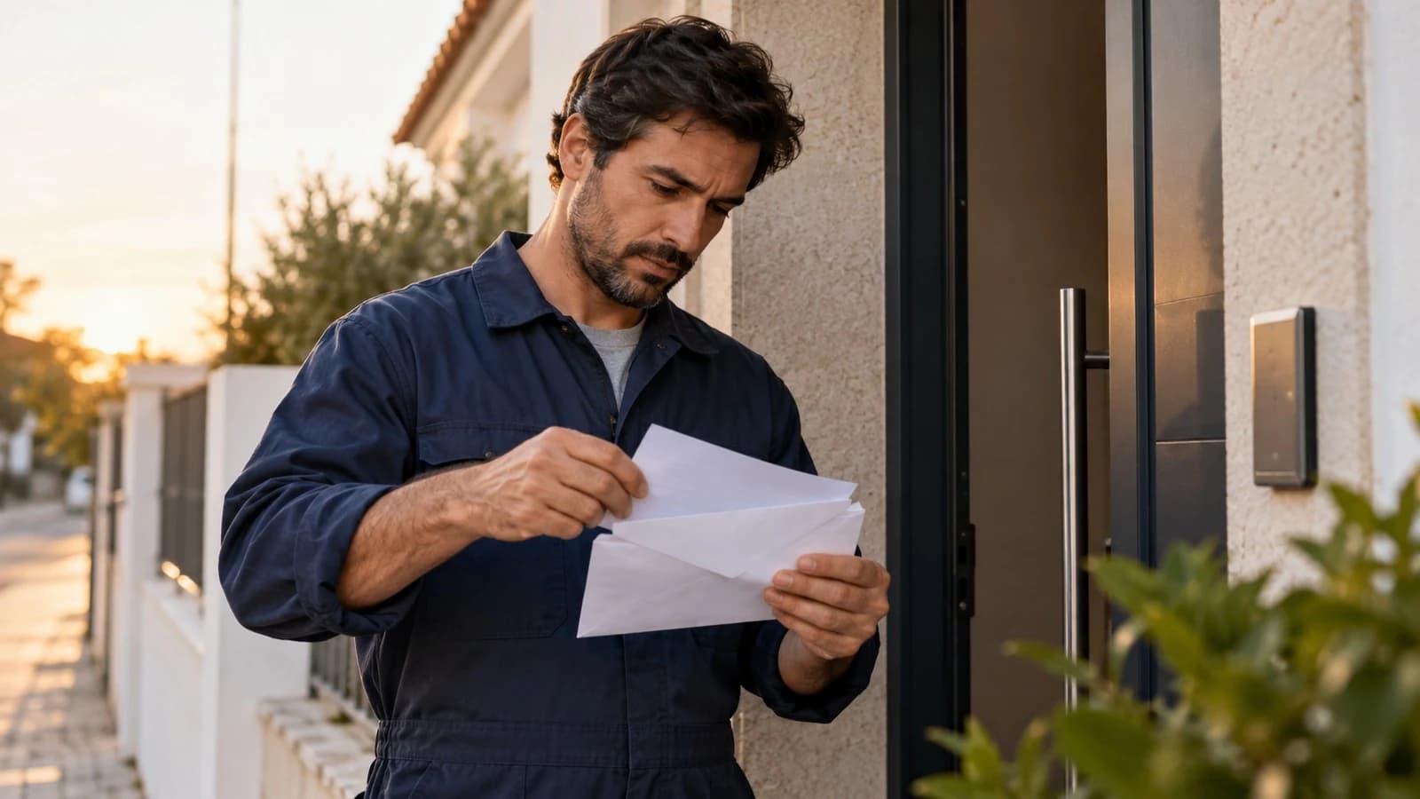 Trabalhador de fato-macaco a abrir uma carta à porta de casa, o aviso de uma penhora de vencimento