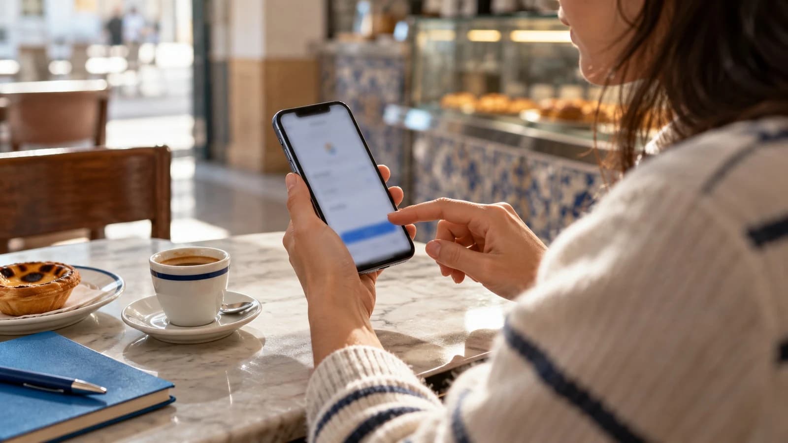 Mãos com telemóvel num café com pastel de nata, a validar o IBAN antes de uma transferência